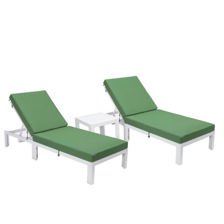 LEISUREMOD Chelsea Modern Outdoor White Chaise Lounge Chair With Side Table & Green Cushions CLTW-77G2